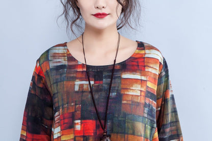 Irregular Round Neck Long Sleeve Printed Loose Dress