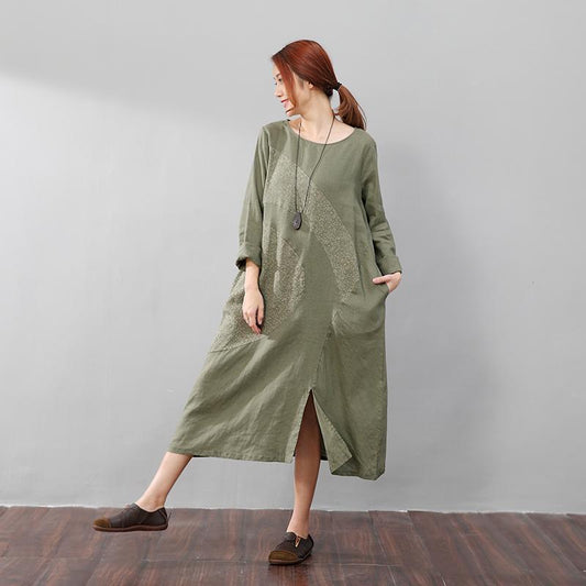 Elegant Women Linen Cotton Casual Printing Long Sleeves Green Dress