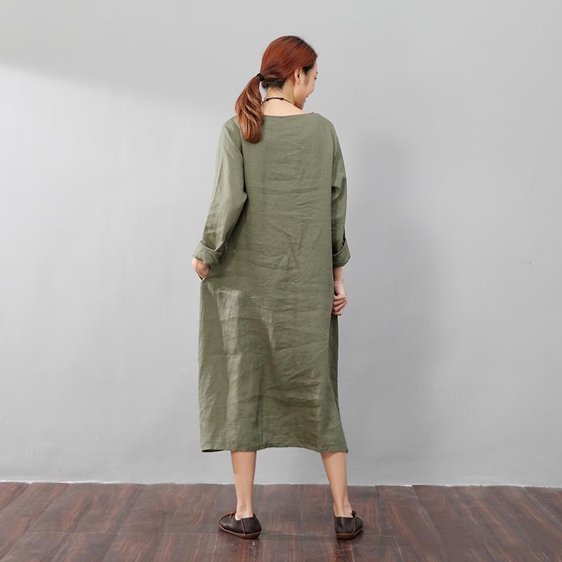 Elegant Women Linen Cotton Casual Printing Long Sleeves Green Dress