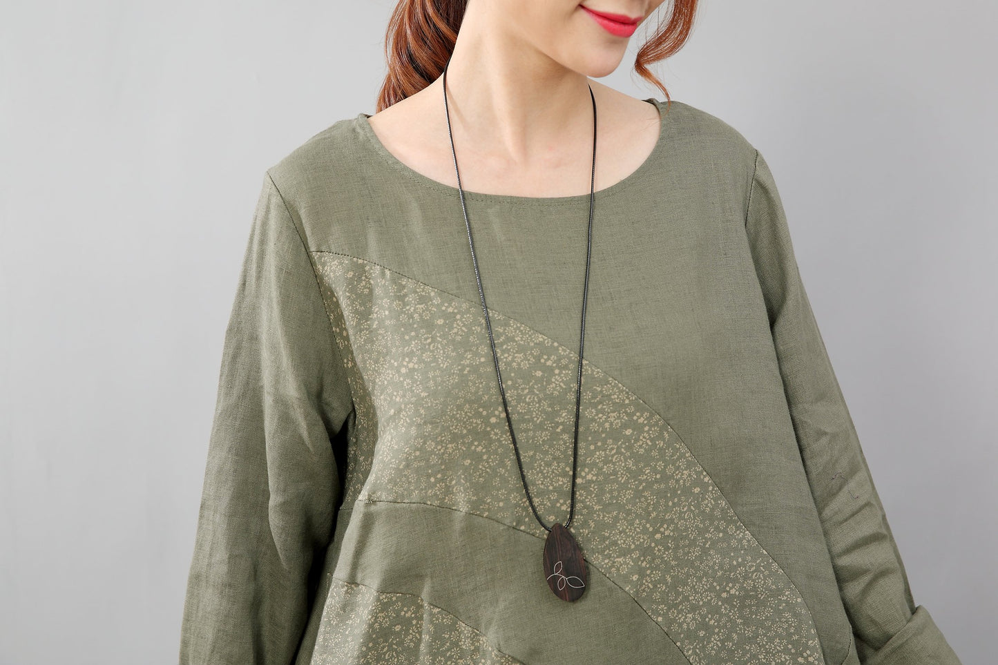Elegant Women Linen Cotton Casual Printing Long Sleeves Green Dress