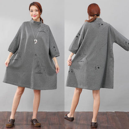 Women Semi-High Collar Casual Loose Printing Pockets Gray Dress