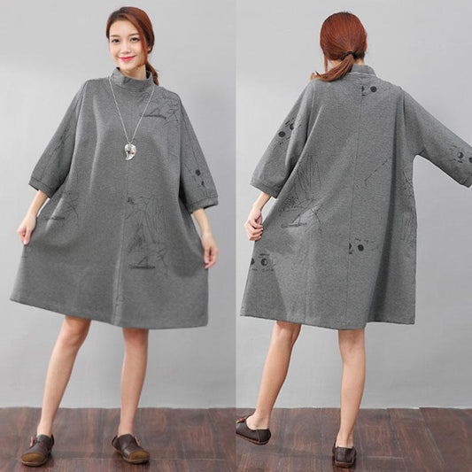 Women Semi-High Collar Casual Loose Printing Pockets Gray Dress