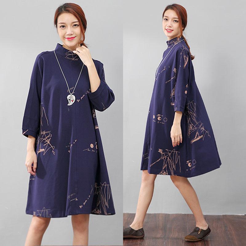 Women Semi-High Collar Casual Loose Printing Pockets Blue Dress