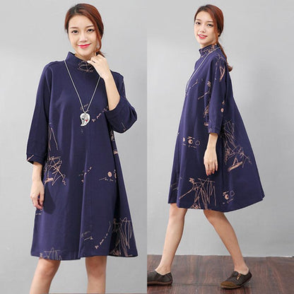 Women Semi-High Collar Casual Loose Printing Pockets Blue Dress