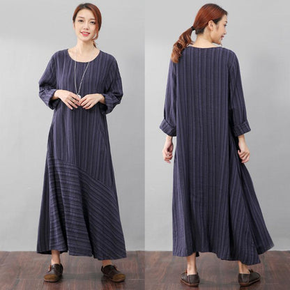 Literature Casual Loose Stripe Pocket Flax Long Sleeves Blue Dress