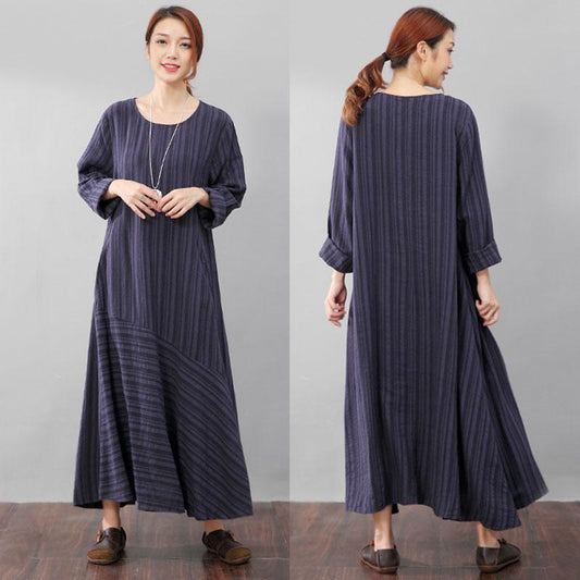 Literature Casual Loose Stripe Pocket Flax Long Sleeves Blue Dress