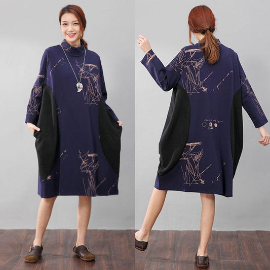 Semi-High Collar Loose Long Sleeve Printing Pockets Dress