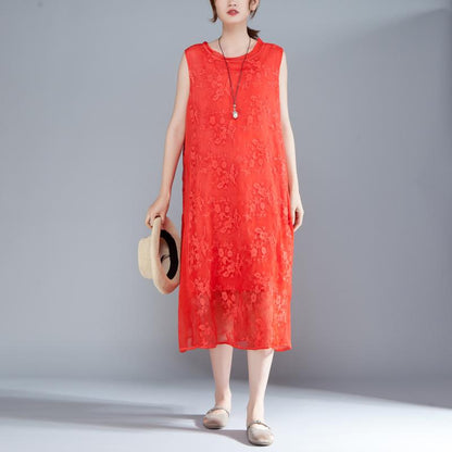 Women Embroidered Pullovers Sleeveless Red Dress