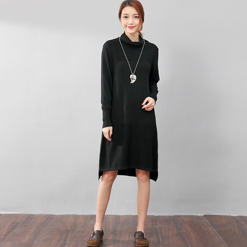 Women Casual Long Sleeve Irregular Hem Black Slim Dress