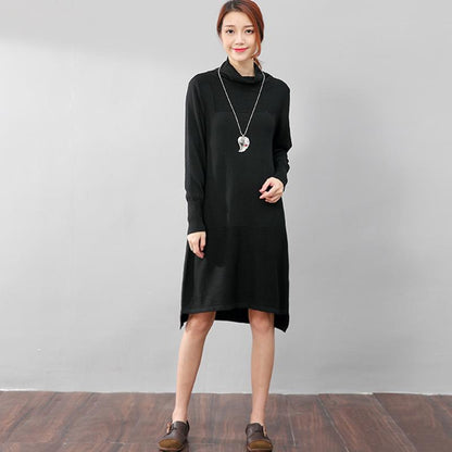 Women Casual Long Sleeve Irregular Hem Black Slim Dress