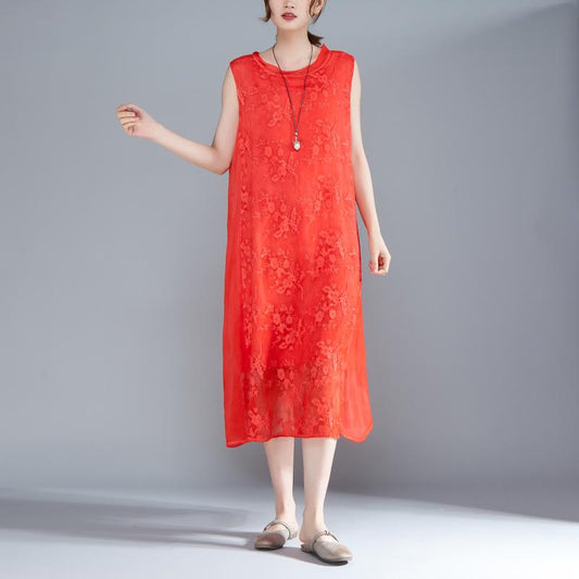 Women Embroidered Pullovers Sleeveless Red Dress