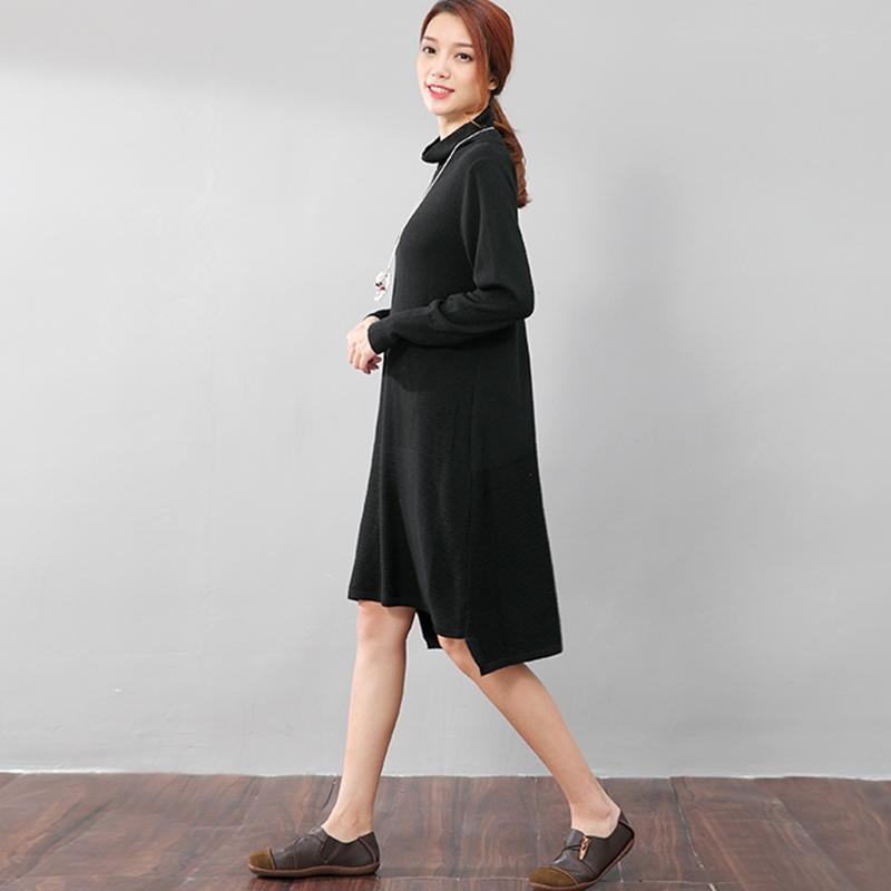 Women Casual Long Sleeve Irregular Hem Black Slim Dress
