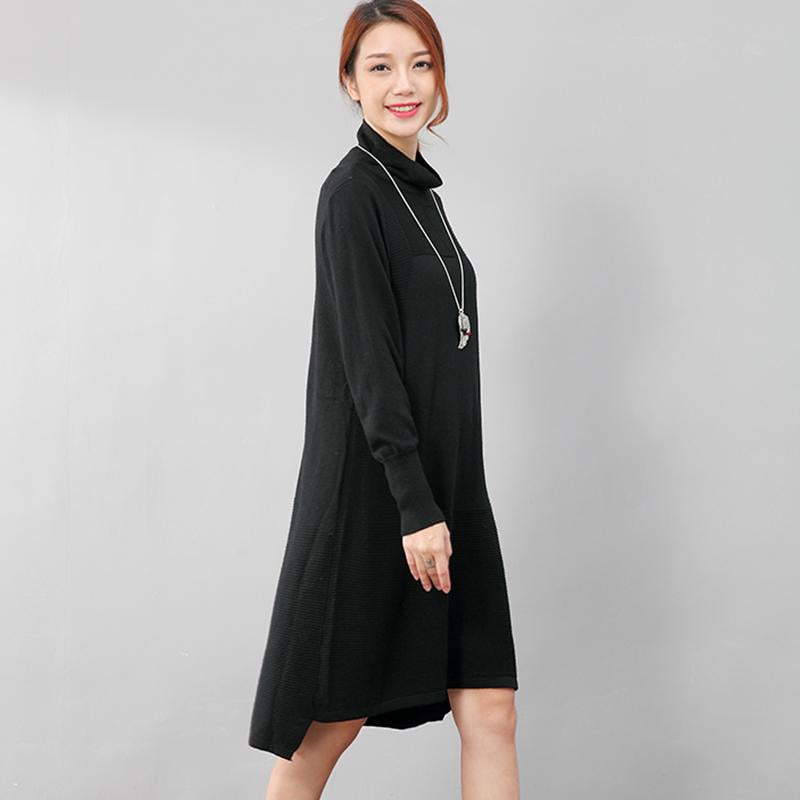 Women Casual Long Sleeve Irregular Hem Black Slim Dress
