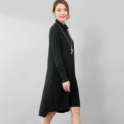 Women Casual Long Sleeve Irregular Hem Black Slim Dress