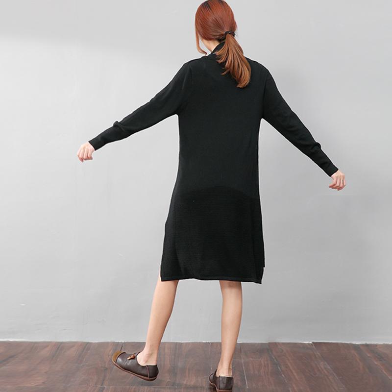 Women Casual Long Sleeve Irregular Hem Black Slim Dress
