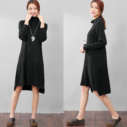 Women Casual Long Sleeve Irregular Hem Black Slim Dress