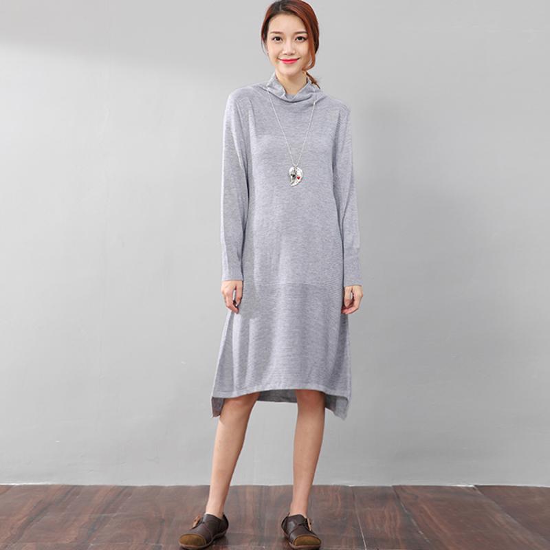Women Casual Long Sleeve Irregular Hem Slim Gray Dress