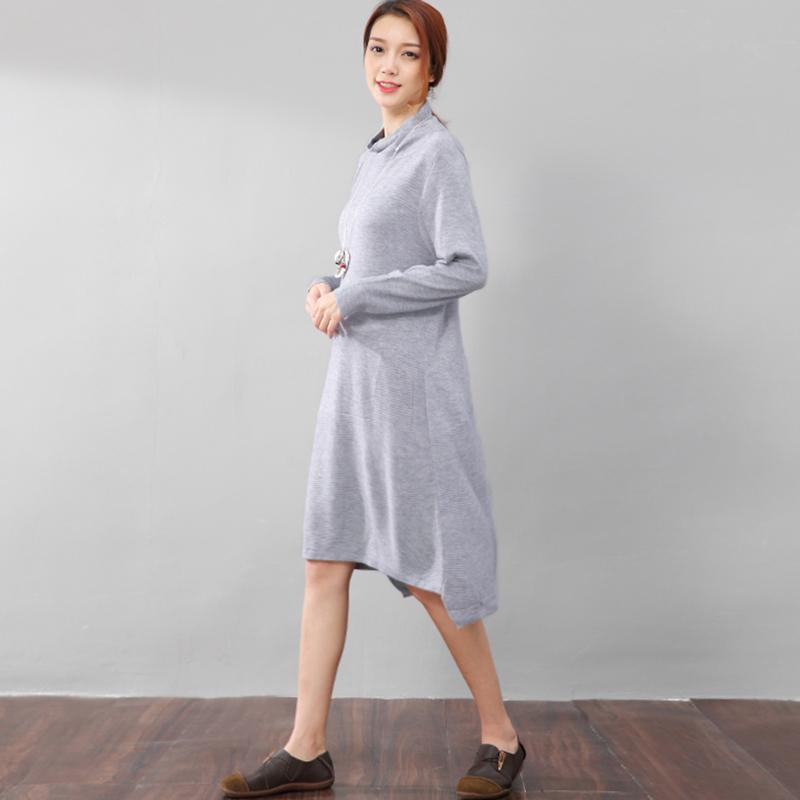 Women Casual Long Sleeve Irregular Hem Slim Gray Dress