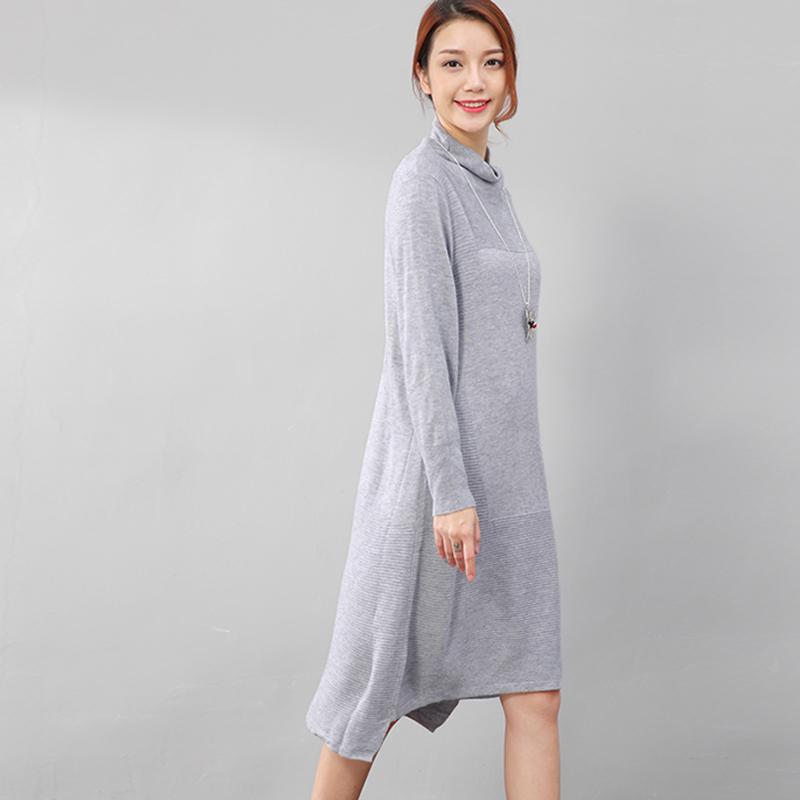 Women Casual Long Sleeve Irregular Hem Slim Gray Dress