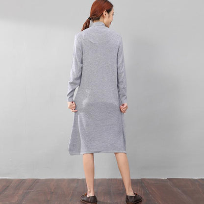 Women Casual Long Sleeve Irregular Hem Slim Gray Dress