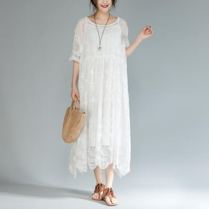 Women Loose Round Neck Half Sleeve White Dress