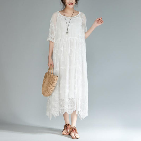 Women Loose Round Neck Half Sleeve White Dress
