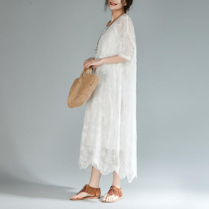Women Loose Round Neck Half Sleeve White Dress