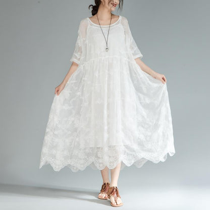 Women Loose Round Neck Half Sleeve White Dress