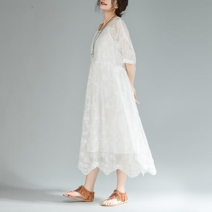 Women Loose Round Neck Half Sleeve White Dress