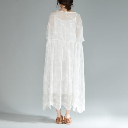 Women Loose Round Neck Half Sleeve White Dress