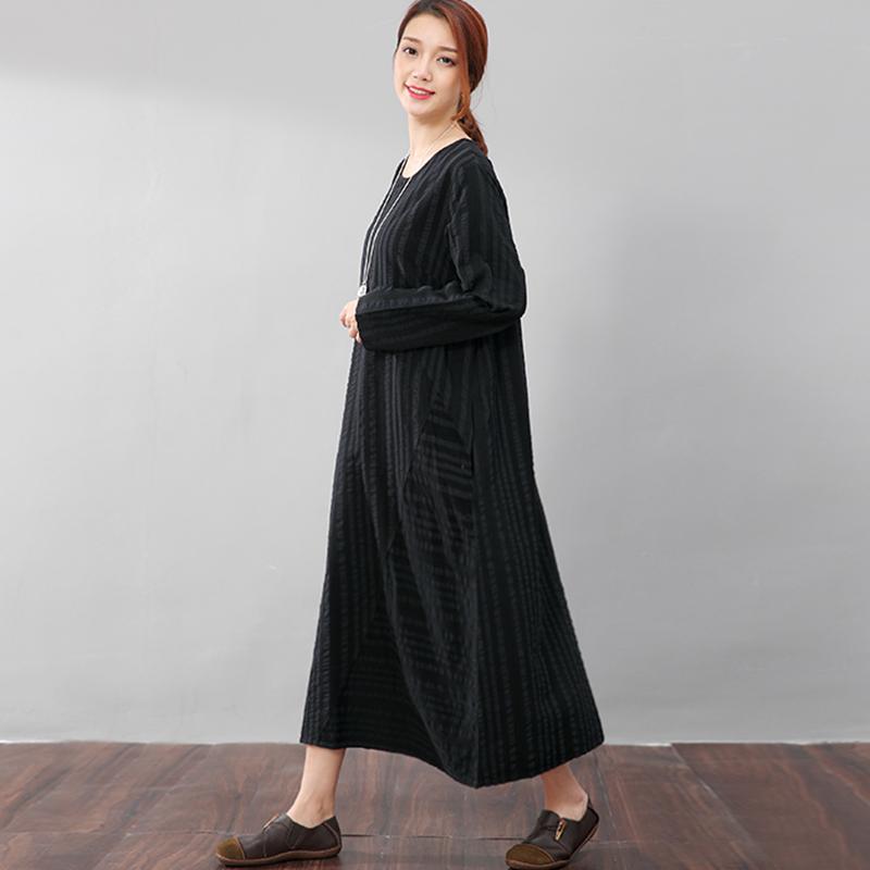 Black Long Sleeves Literature Casual Loose Stripe Cotton Linen Dress