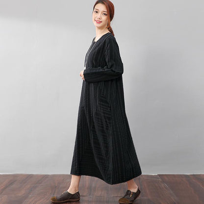 Black Long Sleeves Literature Casual Loose Stripe Cotton Linen Dress