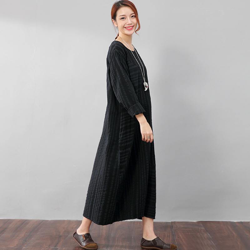 Black Long Sleeves Literature Casual Loose Stripe Cotton Linen Dress