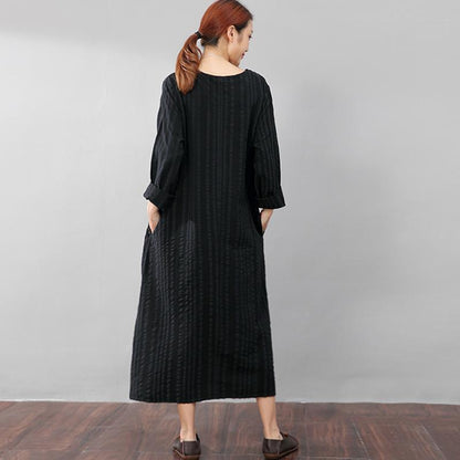 Black Long Sleeves Literature Casual Loose Stripe Cotton Linen Dress