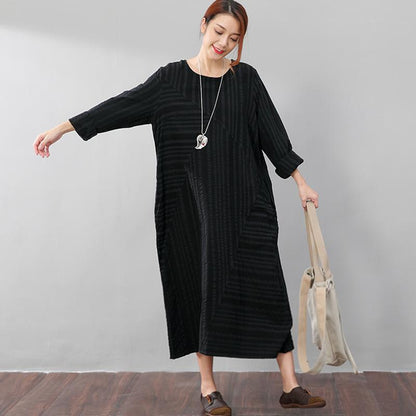 Black Long Sleeves Literature Casual Loose Stripe Cotton Linen Dress