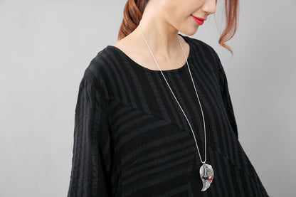 Black Long Sleeves Literature Casual Loose Stripe Cotton Linen Dress