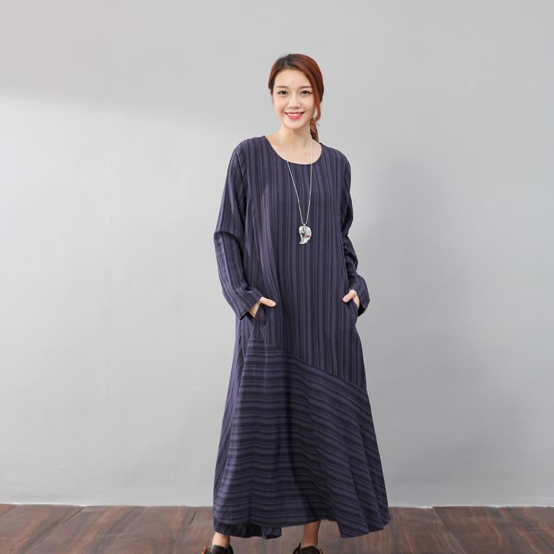 Literature Casual Loose Stripe Pocket Flax Long Sleeves Blue Dress