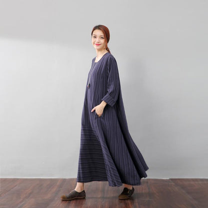 Literature Casual Loose Stripe Pocket Flax Long Sleeves Blue Dress