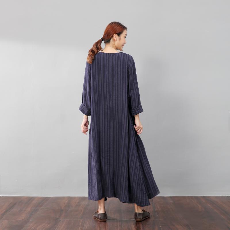 Literature Casual Loose Stripe Pocket Flax Long Sleeves Blue Dress