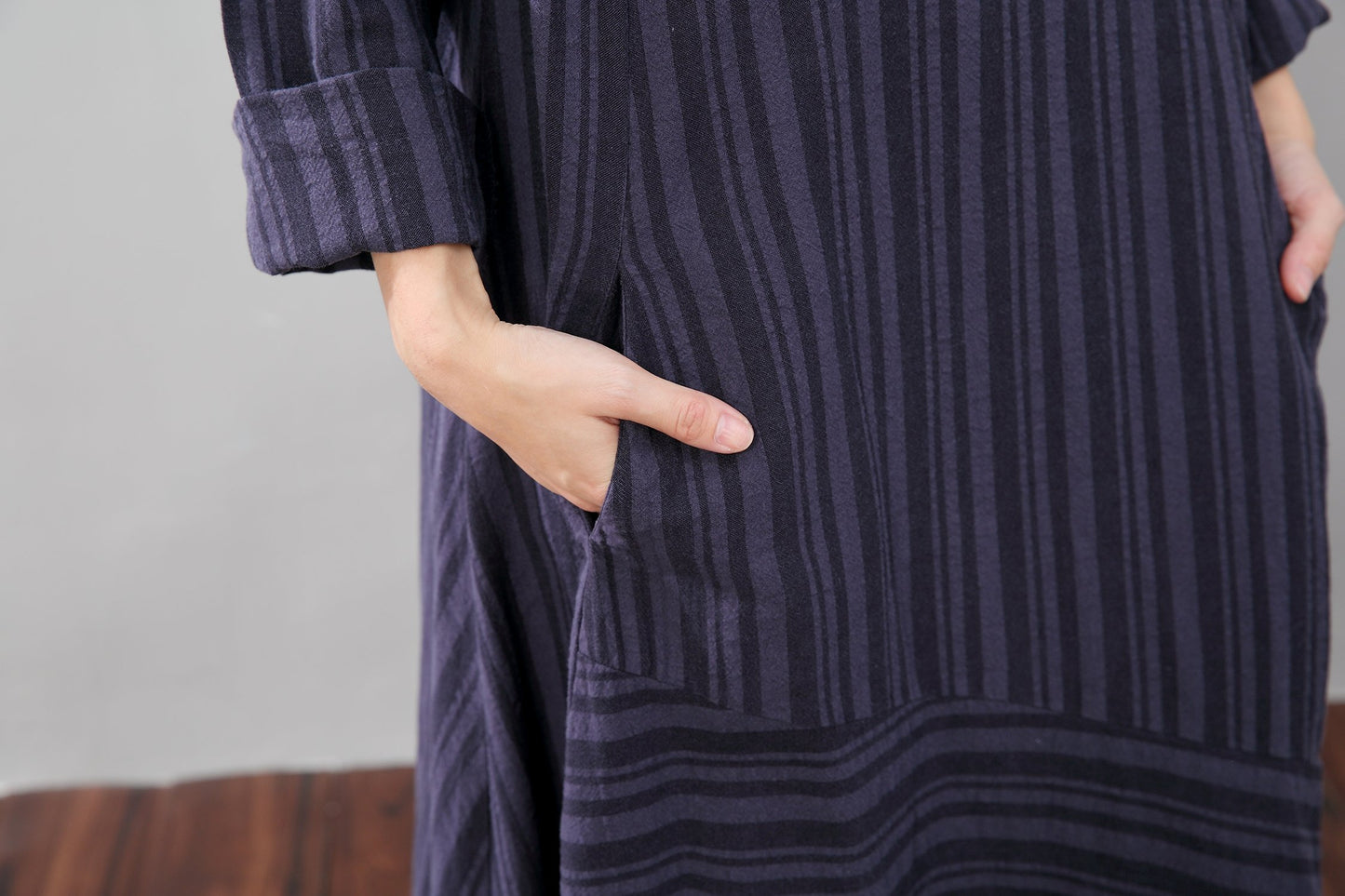 Literature Casual Loose Stripe Pocket Flax Long Sleeves Blue Dress