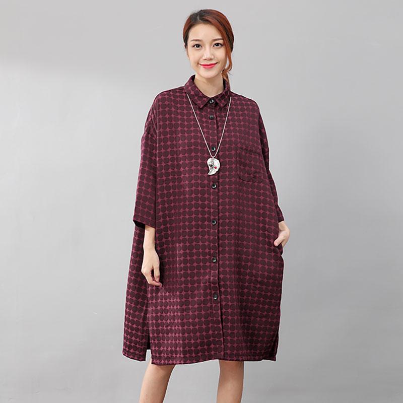 Women Chic Polka Dots Polo Collar Single Breasted Splitting Red Shirt Dress