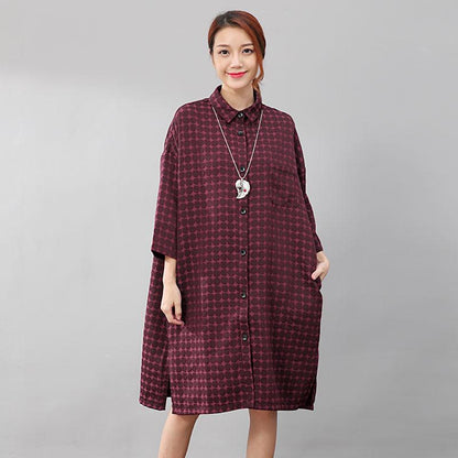 Women Chic Polka Dots Polo Collar Single Breasted Splitting Red Shirt Dress