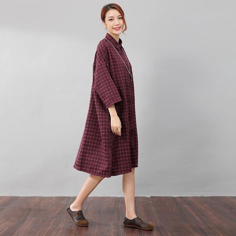 Women Chic Polka Dots Polo Collar Single Breasted Splitting Red Shirt Dress
