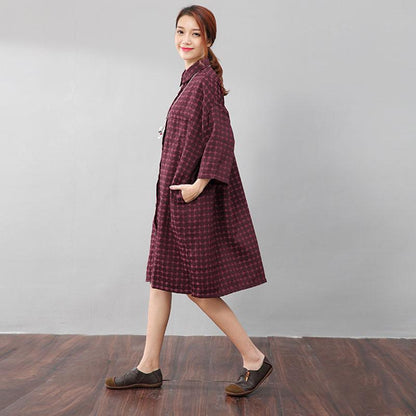 Women Chic Polka Dots Polo Collar Single Breasted Splitting Red Shirt Dress