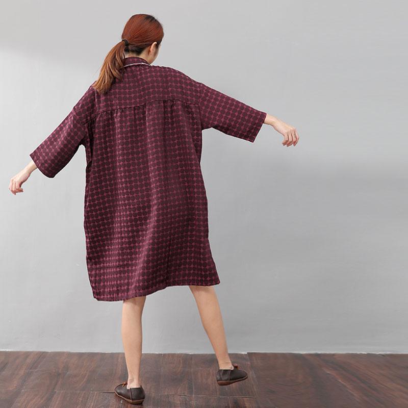 Women Chic Polka Dots Polo Collar Single Breasted Splitting Red Shirt Dress