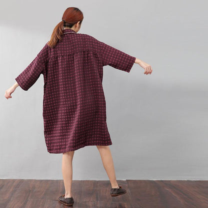 Women Chic Polka Dots Polo Collar Single Breasted Splitting Red Shirt Dress