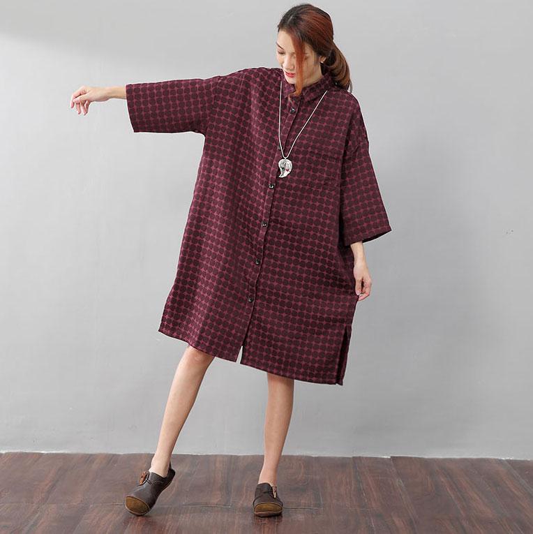 Women Chic Polka Dots Polo Collar Single Breasted Splitting Red Shirt Dress