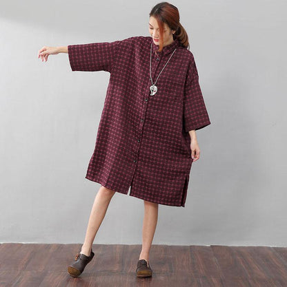 Women Chic Polka Dots Polo Collar Single Breasted Splitting Red Shirt Dress