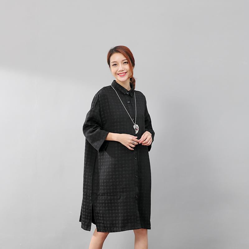 Chic Women Polka Dots Polo Collar Single Breasted Splitting Black Shirt Dress