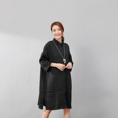 Chic Women Polka Dots Polo Collar Single Breasted Splitting Black Shirt Dress